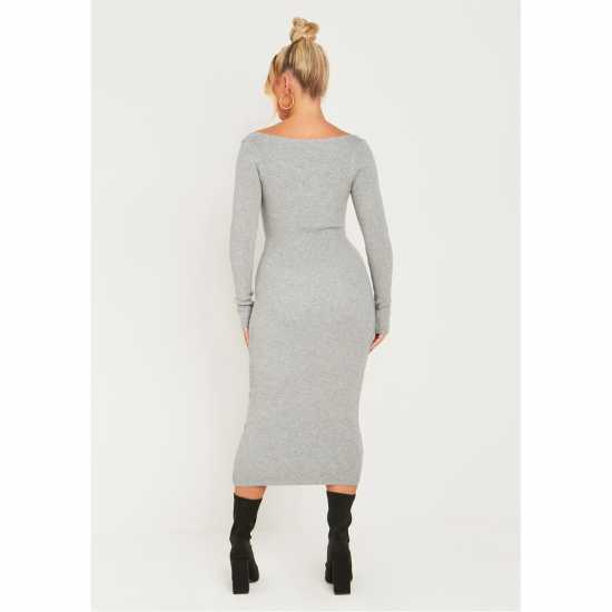 Средна Рокля Missy Empire Knit Square Neck Midi Dress Womens Сиво Дамски пуловери и жилетки