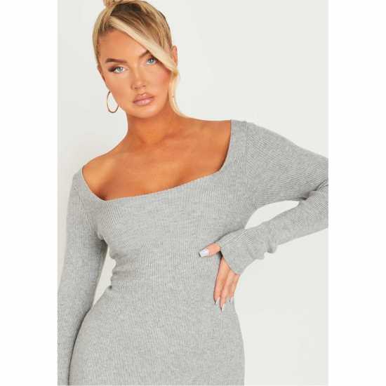 Средна Рокля Missy Empire Knit Square Neck Midi Dress Womens Сиво Дамски пуловери и жилетки