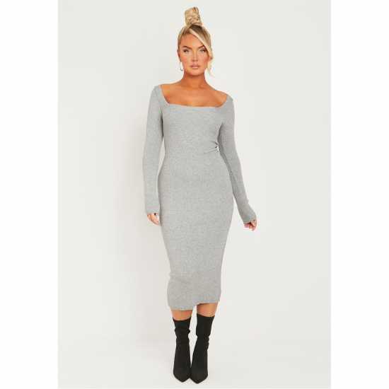 Средна Рокля Missy Empire Knit Square Neck Midi Dress Womens Сиво Дамски пуловери и жилетки