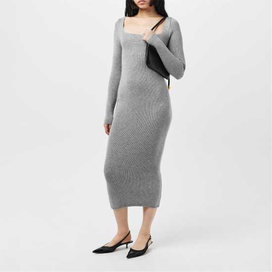Средна Рокля Missy Empire Knit Square Neck Midi Dress Womens Сиво Дамски пуловери и жилетки