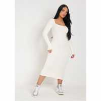 Средна Рокля Missy Empire Knit Square Neck Midi Dress Womens Крем Дамски пуловери и жилетки