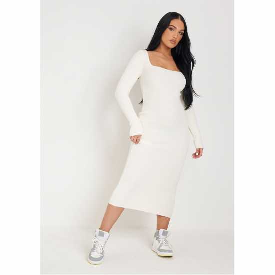 Средна Рокля Missy Empire Knit Square Neck Midi Dress Womens Крем Дамски пуловери и жилетки