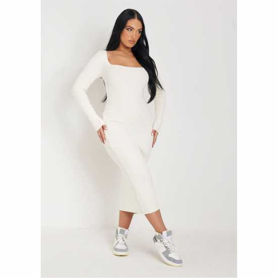 Средна Рокля Missy Empire Knit Square Neck Midi Dress Womens Крем Дамски пуловери и жилетки