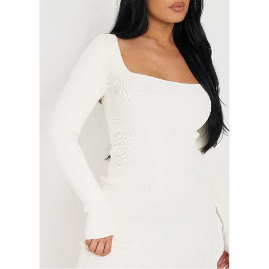 Средна Рокля Missy Empire Knit Square Neck Midi Dress Womens Крем Дамски пуловери и жилетки