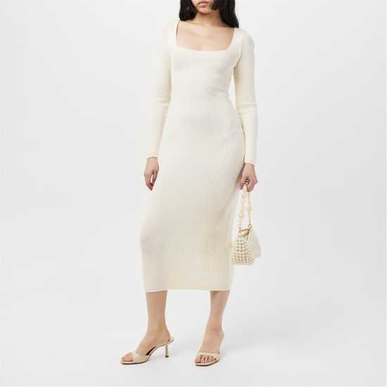 Средна Рокля Missy Empire Knit Square Neck Midi Dress Womens Крем Дамски пуловери и жилетки