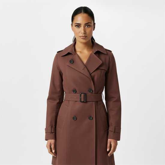 Тренчкот Jack Wills Women's  Double Breasted Cotton Water Resistant Mid-Length Trench Coat Тъмно кафяво 