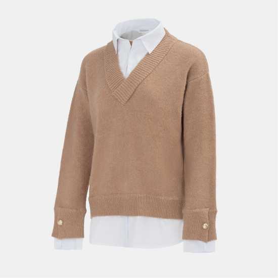 Miso V Neck Shirt Collar Fake Two-Piece Jumper Women  