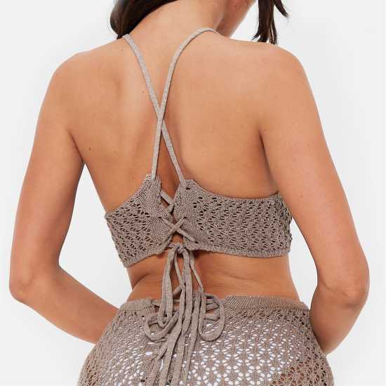 I Saw It First Lace Up Strappy Crochet Knit Crop Top Co-Ord Mocha Дамски пуловери и жилетки