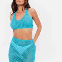 I Saw It First Lace Up Strappy Crochet Knit Crop Top Co-Ord Blue Дамски пуловери и жилетки