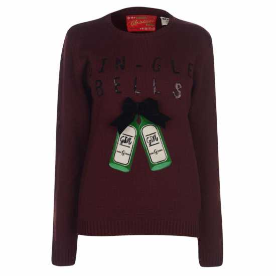 Star Дамски Коледен Пуловер Christmas Knitted Jumper Ladies Burgundy - Gin - Коледни пуловери