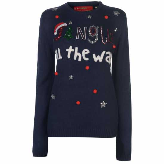 Star Дамски Коледен Пуловер Christmas Knitted Jumper Ladies Navy - Jingle Коледни пуловери
