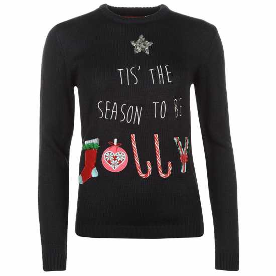 Star Дамски Коледен Пуловер 3D Xmas Knitted Jumper Ladies Navy- Season Коледни пуловери