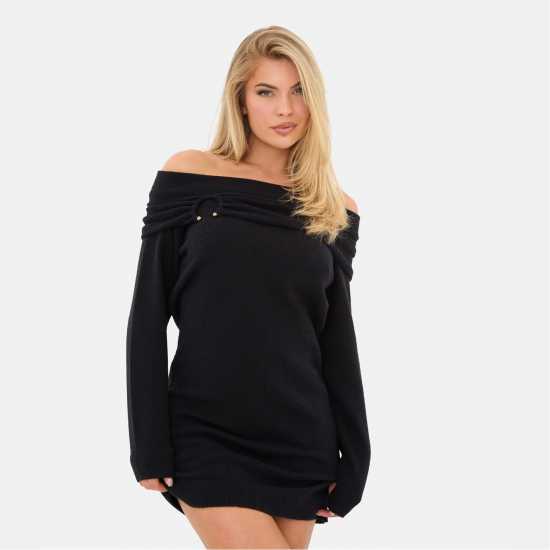 I Saw It First Knitted Trim Bardot Mini Dress Black 