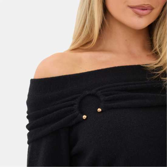 I Saw It First Knitted Trim Bardot Mini Dress Black 