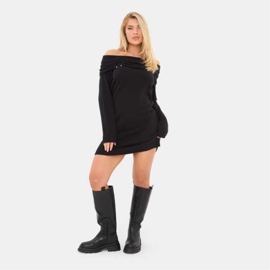 I Saw It First Knitted Trim Bardot Mini Dress Black 