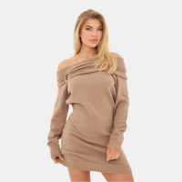 I Saw It First Knitted Trim Bardot Mini Dress Mocha 