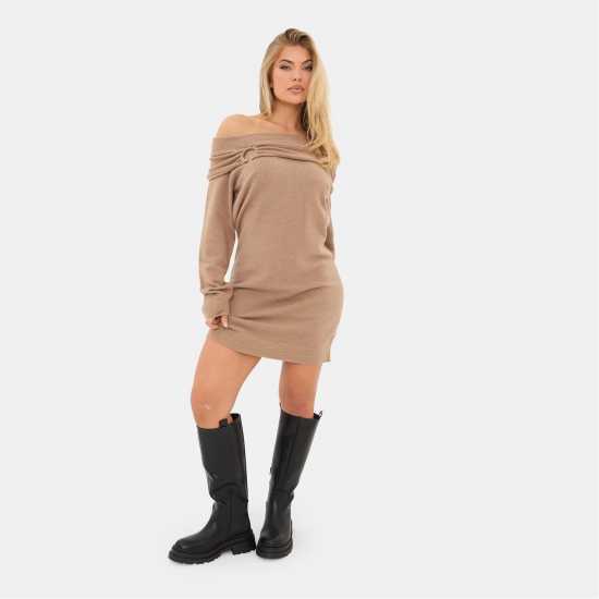 I Saw It First Knitted Trim Bardot Mini Dress Mocha I Saw It First Knitted Trim Bardot Mini Dress Mocha