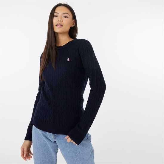 Jack Wills Tinsbury Merino Wool Blend Cable Knitted Jumper Women Морска синьо Дамски пуловери и жилетки