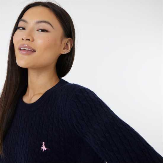 Jack Wills Tinsbury Merino Wool Blend Cable Knitted Jumper Women Морска синьо Дамски пуловери и жилетки