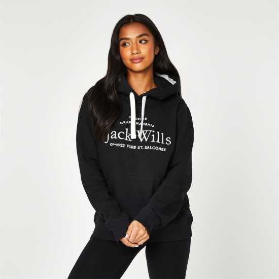 Jack Wills Hunston Graphic Logo Hoodie Черно Дамски суичъри и блузи с качулки