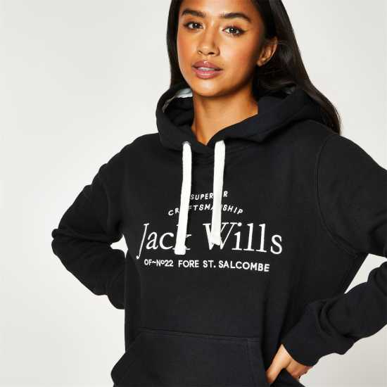 Jack Wills Hunston Graphic Logo Hoodie Черно Дамски суичъри и блузи с качулки