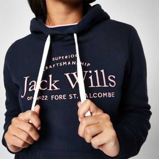 Jack Wills Hunston Graphic Logo Hoodie Navy Дамски суичъри и блузи с качулки