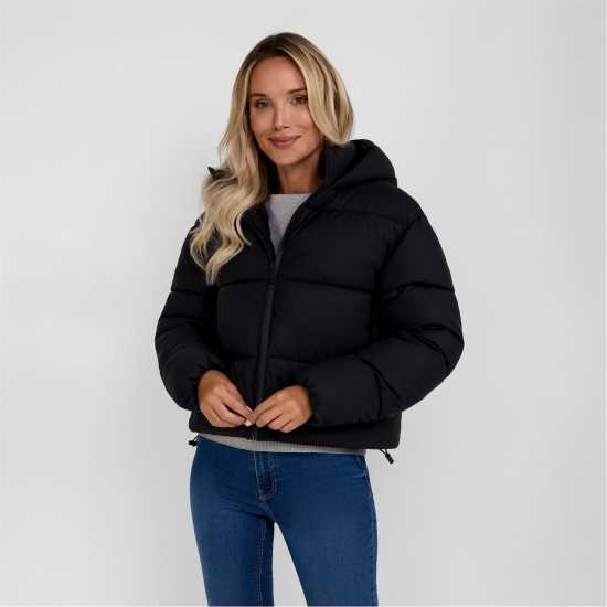 Ватирано Яке Women Short Water Repellent Quilted Jacket With Hood And High Collar Black Ватирано Яке Women Short Water Repellent Quilted Jacket With Hood And High Collar Black