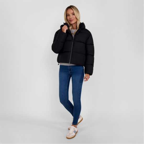 Ватирано Яке Women Short Water Repellent Quilted Jacket With Hood And High Collar Black Ватирано Яке Women Short Water Repellent Quilted Jacket With Hood And High Collar Black
