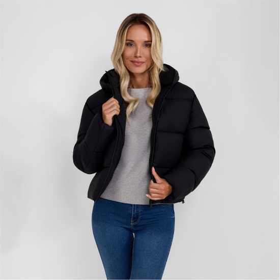 Ватирано Яке Women Short Water Repellent Quilted Jacket With Hood And High Collar Black Ватирано Яке Women Short Water Repellent Quilted Jacket With Hood And High Collar Black