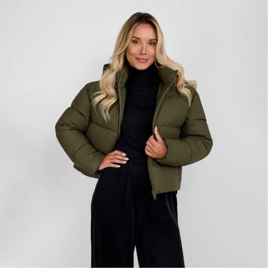 Ватирано Яке Women Short Water Repellent Quilted Jacket With Hood Khaki Ватирано Яке Women Short Water Repellent Quilted Jacket With Hood Khaki