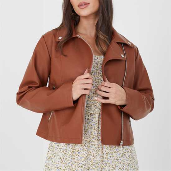 Brave Soul Мотоциклетно Яке Bs Womens Faux Leather Tan Biker Jacket  