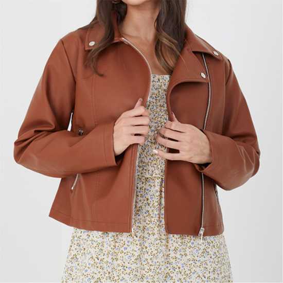 Brave Soul Мотоциклетно Яке Bs Womens Faux Leather Tan Biker Jacket  