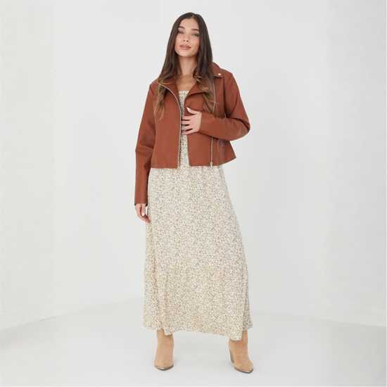 Brave Soul Мотоциклетно Яке Bs Womens Faux Leather Tan Biker Jacket  