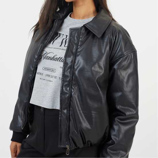 Brave Soul Дамско Кожено Яке Бомбър Bs Womens Oversized Faux Leather Bomber Jacket With Collar Brave Soul Дамско Кожено Яке Бомбър Bs Womens Oversized Faux Leather Bomber Jacket With Collar