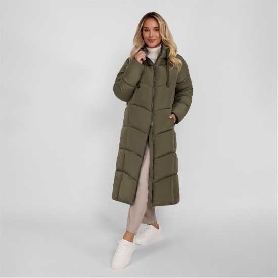 Minoti Women Long Quilted Winter Jacket With Contrast Zip Khaki  