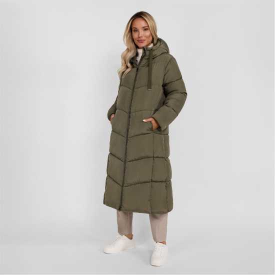 Minoti Women Long Quilted Winter Jacket With Contrast Zip Khaki  