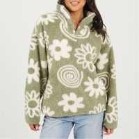 Brave Soul Womens Flower Print High Neck Fleece Sweatshirt Sage Green/Crm 
