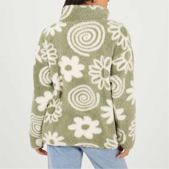 Brave Soul Womens Flower Print High Neck Fleece Sweatshirt Sage Green/Crm 
