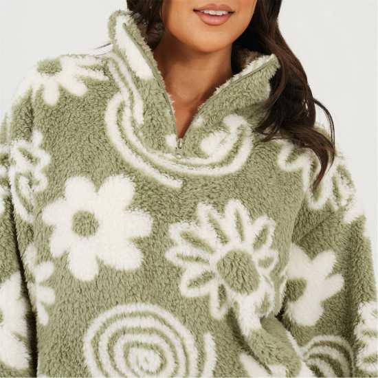 Brave Soul Womens Flower Print High Neck Fleece Sweatshirt Sage Green/Crm 