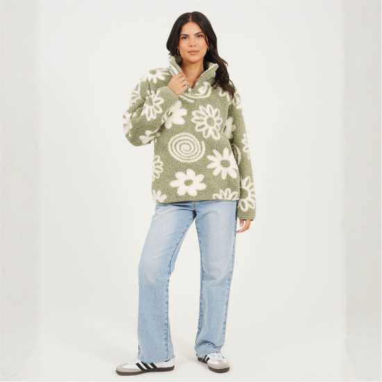 Brave Soul Womens Flower Print High Neck Fleece Sweatshirt Sage Green/Crm 