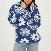 Brave Soul Womens Flower Print High Neck Fleece Sweatshirt Blue/Cream 