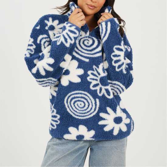 Brave Soul Womens Flower Print High Neck Fleece Sweatshirt Blue/Cream 