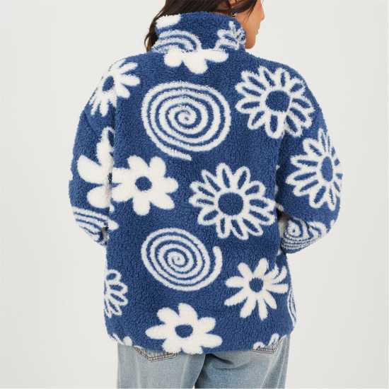 Brave Soul Womens Flower Print High Neck Fleece Sweatshirt Blue/Cream 