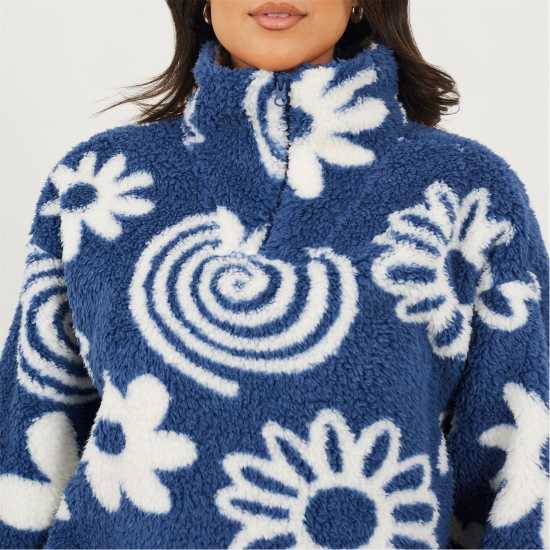 Brave Soul Womens Flower Print High Neck Fleece Sweatshirt Blue/Cream 