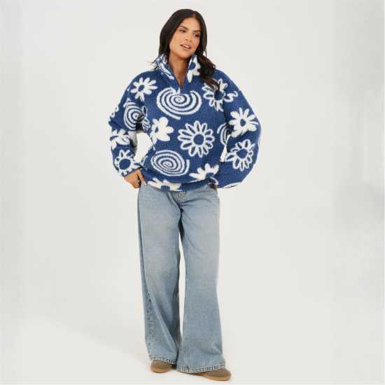 Brave Soul Womens Flower Print High Neck Fleece Sweatshirt Blue/Cream 