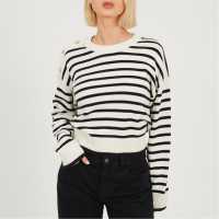 Brave Soul Boxy Crew Neck Striped Jumper with Shoulder Button Detail Ivory/Black 