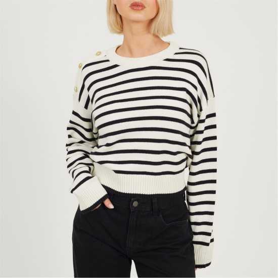 Brave Soul Boxy Crew Neck Striped Jumper With Shoulder Button Detail Ivory/Black Brave Soul Boxy Crew Neck Striped Jumper with Shoulder Button Detail Ivory/Black