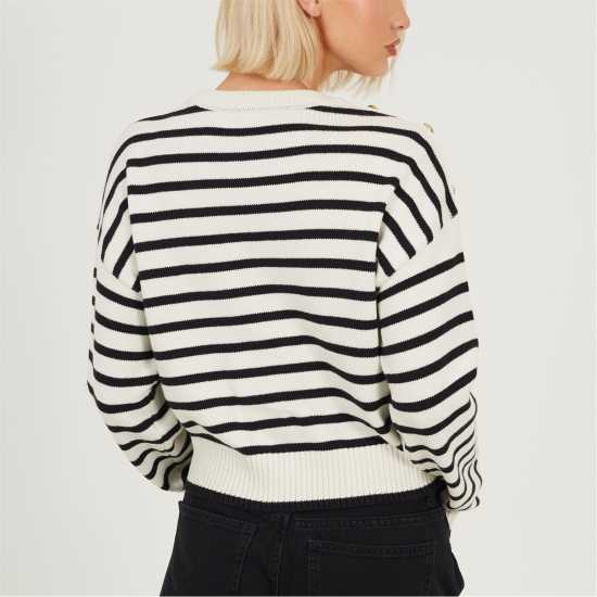 Brave Soul Boxy Crew Neck Striped Jumper With Shoulder Button Detail Ivory/Black Brave Soul Boxy Crew Neck Striped Jumper with Shoulder Button Detail Ivory/Black