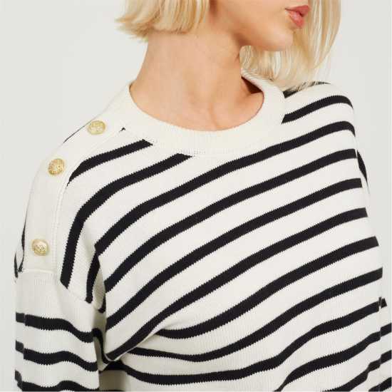 Brave Soul Boxy Crew Neck Striped Jumper With Shoulder Button Detail Ivory/Black Brave Soul Boxy Crew Neck Striped Jumper with Shoulder Button Detail Ivory/Black