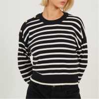 Brave Soul Boxy Crew Neck Striped Jumper With Shoulder Button Detail Black/Ivory 